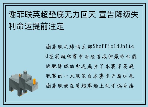 谢菲联英超垫底无力回天 宣告降级失利命运提前注定 谢菲联英超垫底无力回天 宣告降级失利命运提前注定