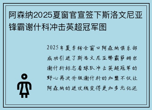 阿森纳2025夏窗官宣签下斯洛文尼亚锋霸谢什科冲击英超冠军图