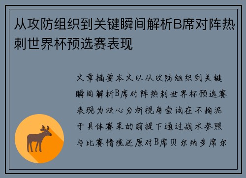 从攻防组织到关键瞬间解析B席对阵热刺世界杯预选赛表现