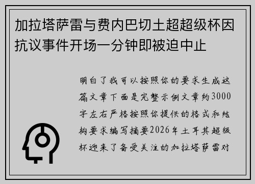 加拉塔萨雷与费内巴切土超超级杯因抗议事件开场一分钟即被迫中止 加拉塔萨雷与费内巴切土超超级杯因抗议事件开场一分钟即被迫中止